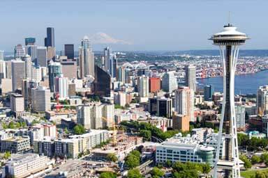 A view of the Space Needle and a backdrop of downtown Seattle