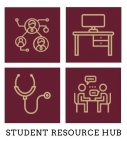Student Resources Hub four gold icons with maroon background - desk, people talking, stethoscope, people connected 