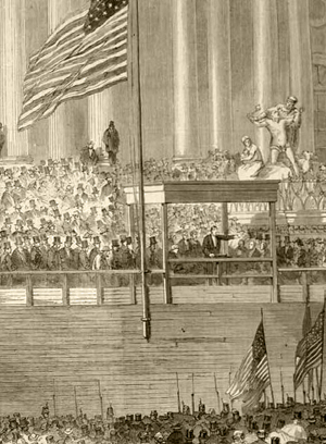 An illustration of President Abraham Lincoln's first inaugural address in 1861.