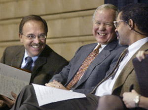 (Left to right): Vice President for Academic Affairs Les Steele, President Philip W. Eaton, Dr. Stephen L. Carter