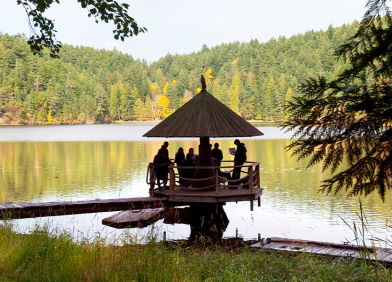 Students gather on a lake at Camp Casey