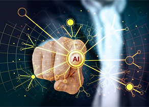 Abstract image of a hand connecting with a network of connections with "AI" in the center