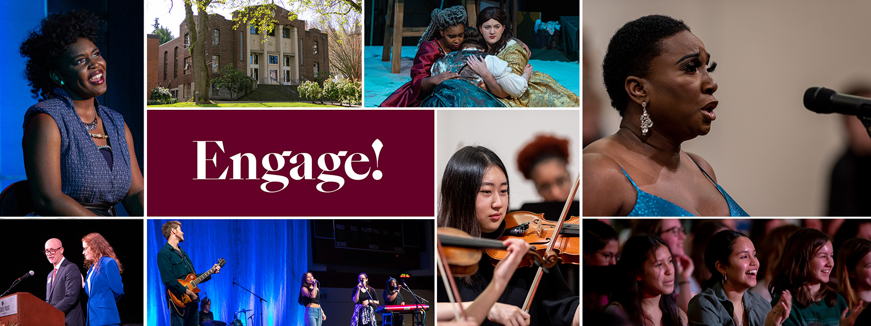 Collage of events on campus with "Engage!" on a maroon background