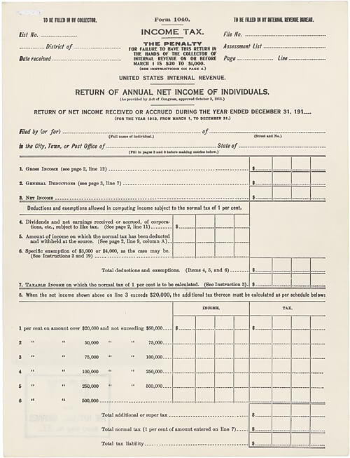 An old document showing the first income tax form