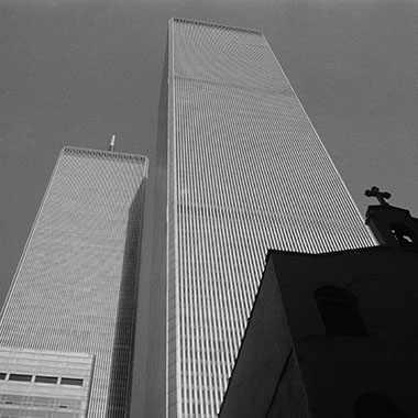 A black-and-white photo of the twin towers by Steve Harvey