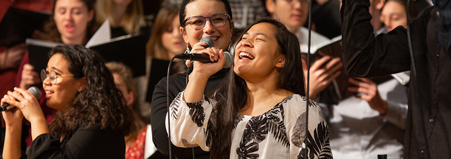 Woman singing during worship service