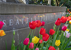 spu sign with colorful tulips