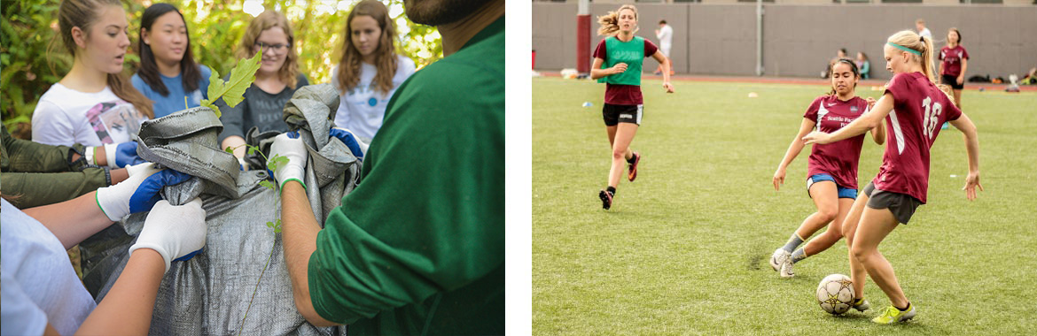 Left images shows students holding a bag of leafs during city quest, and right photo shows women playing soccer.