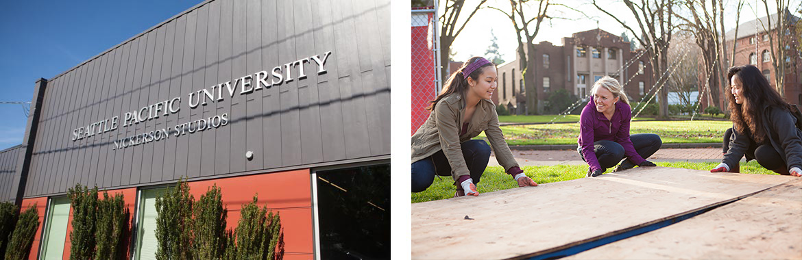 Right image showing the SPU Nickerson studio building, and right image showing three women lifting a floor for the tent city