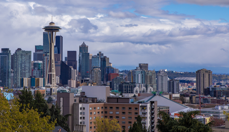The Seattle skyline, with the Space Needle on the left side of the image
