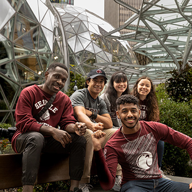 SPU students pose by the Amazon Spheres | photo by Dan Sheehan