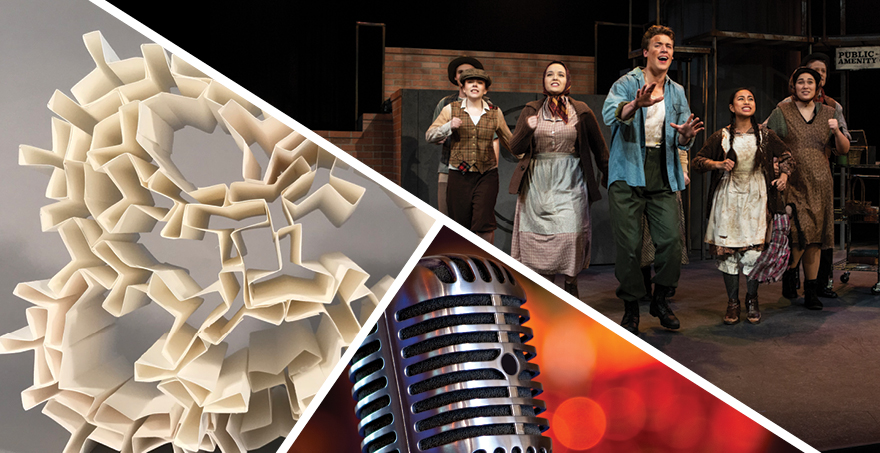 A collage of artwork, a microphone, and several SPU theatre students performing in an SPU play