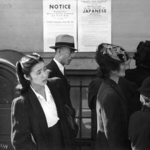 Japanese-Americans stand in line during the Japanese internment of WWII