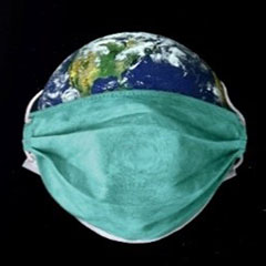 Image of the globe, wearing a medical mask