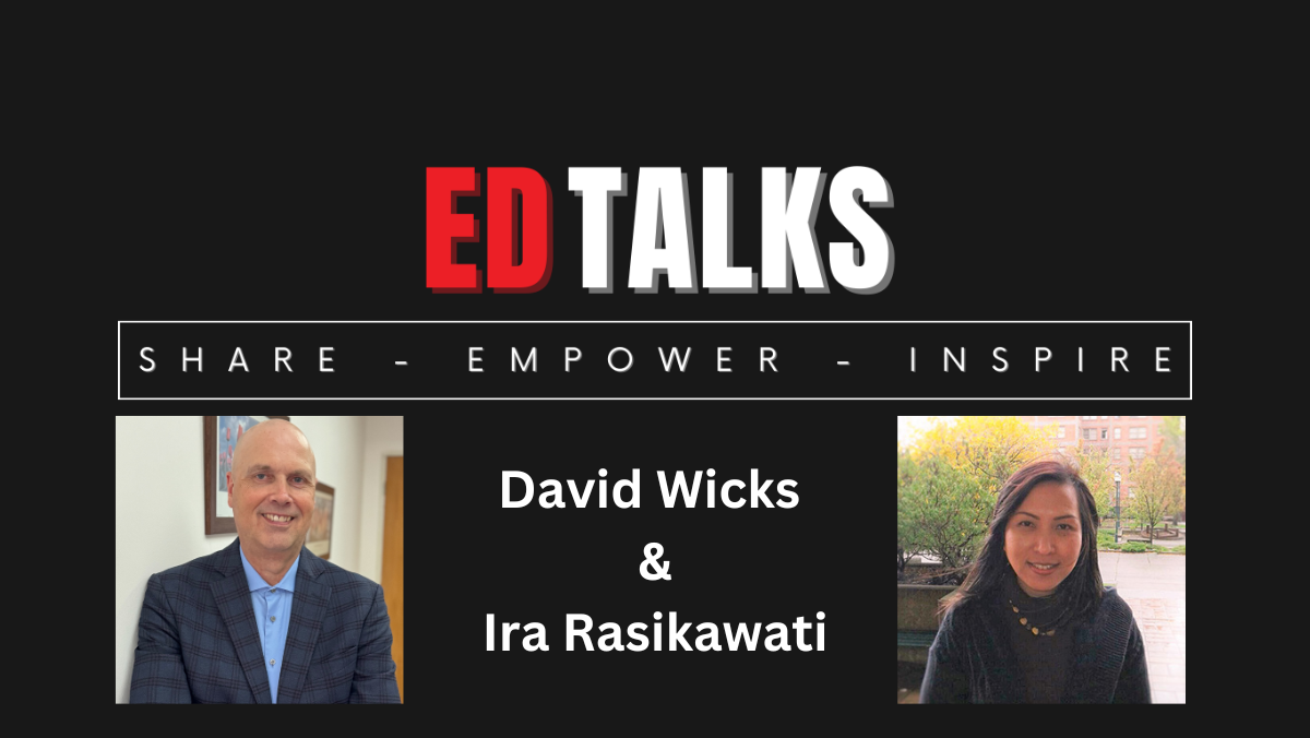 Ed Talk sign with photos of David Wicks and Ira Rasikawati