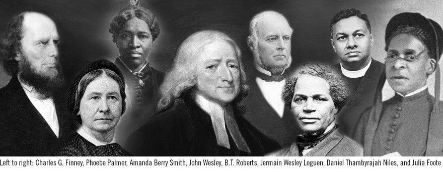 Wesleyan leaders left to right: Left to right: Charles G. Finney, Phoebe Palmer, Amanda Berry Smith, John Wesley, B.T. Roberts, Jermain Wesley Loguen, Daniel Thambyrajah Niles, and Julia Foote 