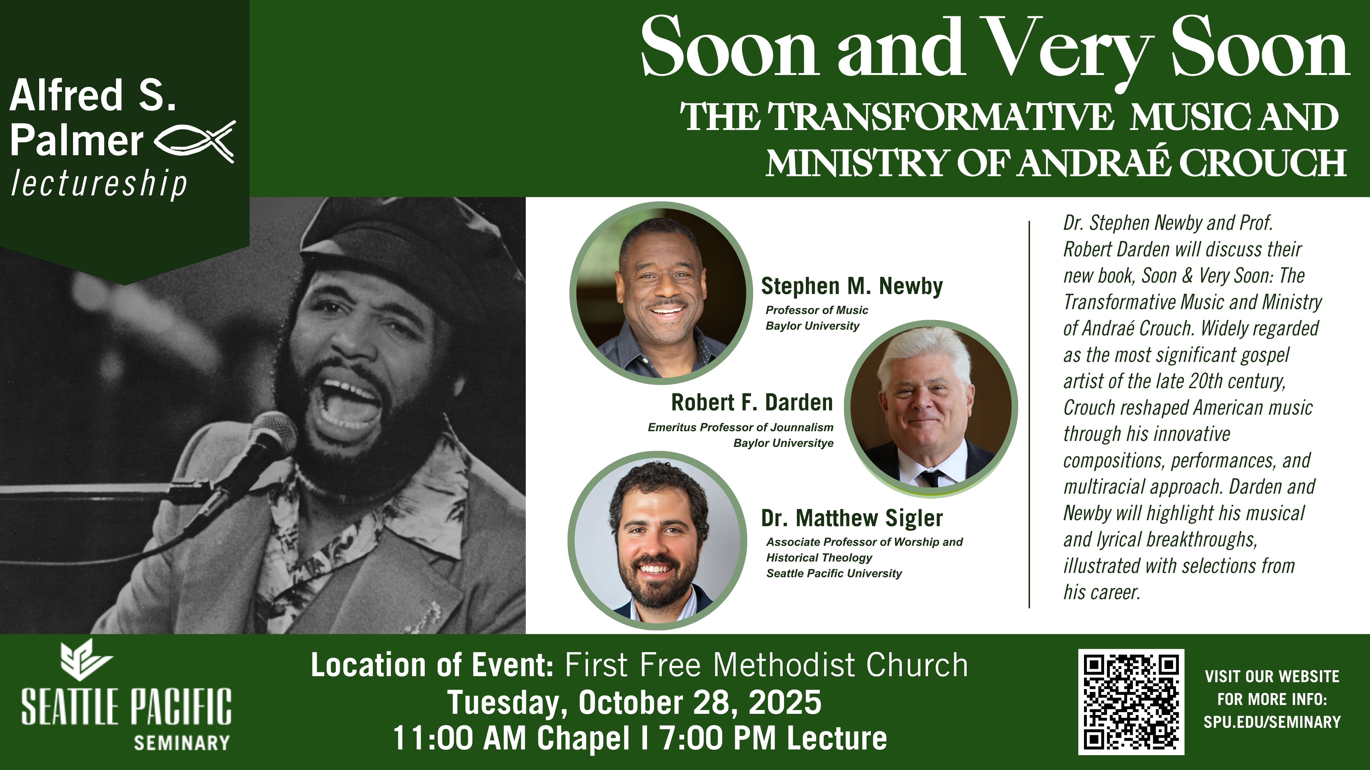 The poster for the 2025 Palmer Lecture, including an image of Andraé Crouch, Stephen M. Newby, and Robert Darden