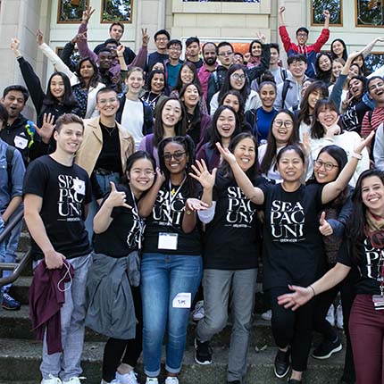 International students take a group photo during orientation