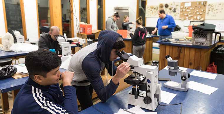 Students looking in a microscope