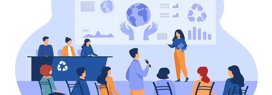Illustration of a person giving a presentation on sustainability