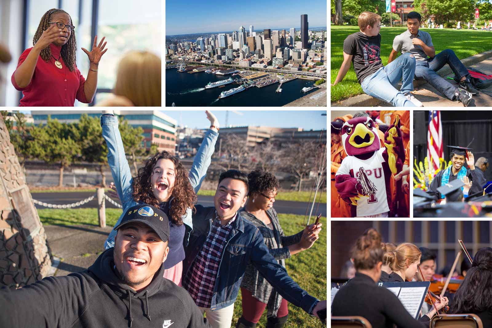 Collage of scenes around SPU, downtown Seattle, and various campus events. 