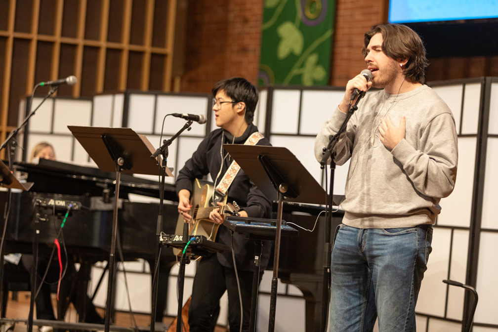 The student worship band helps to lead Chapel through song