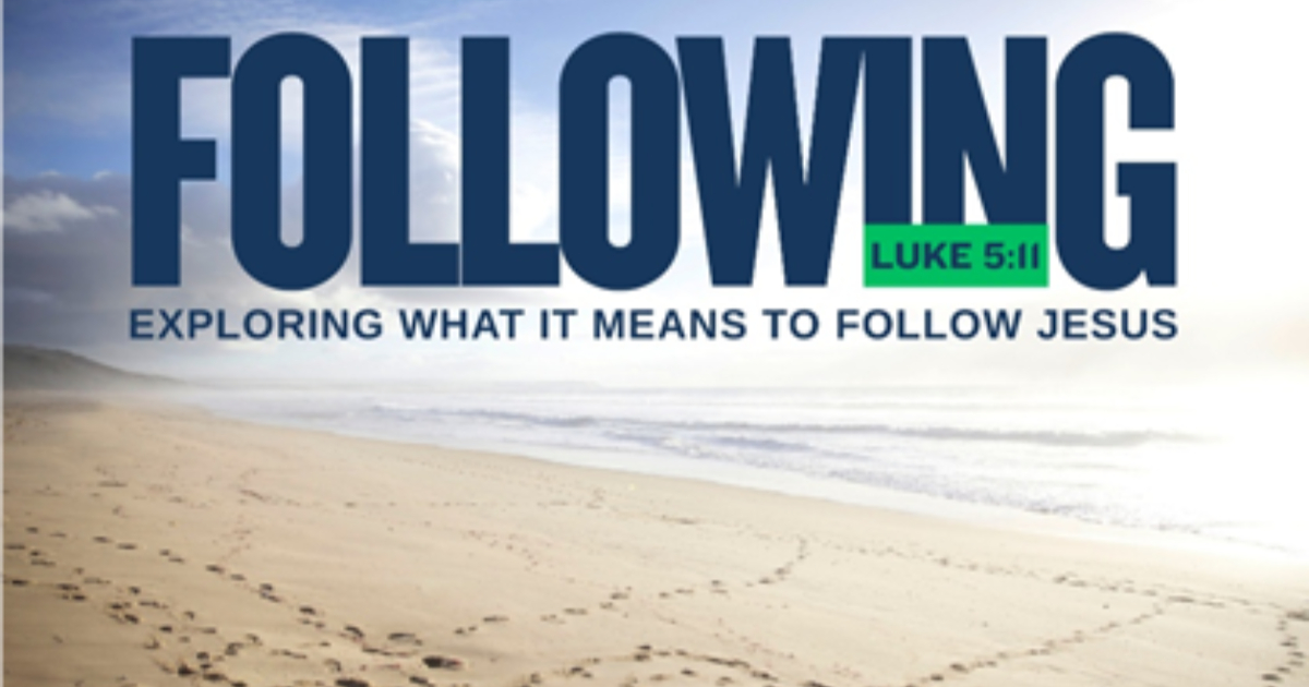 An image of the seashore, with footprints in the sand and the Spring Quarter Chapel theme "Exploring what it means to follow Jesus" across the scene.