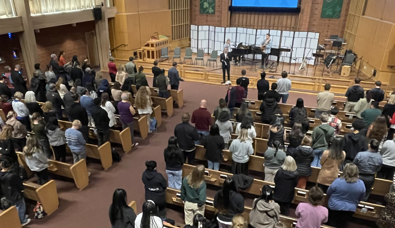 Students, faculty, and staff gathering for Chapel at Seattle Pacific University