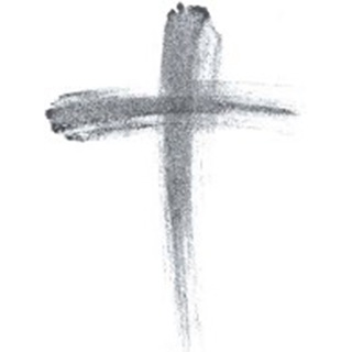 Grey brushstrokes on a white canvas portraying a cross