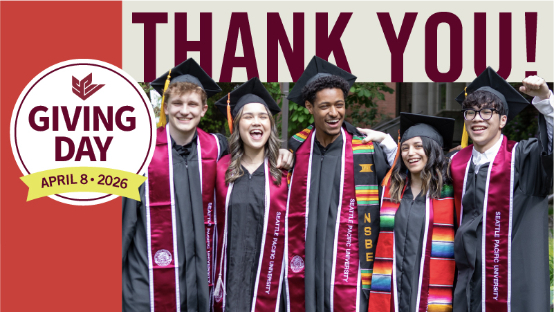 Giving Day 2026 thank you, showing five graduating students in full regalia
