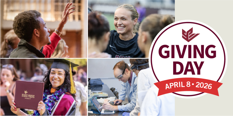 The 2026 Giving Day header, featuring SPU students in worship, in class, laughing with friends, and holding a diploma at Commencement