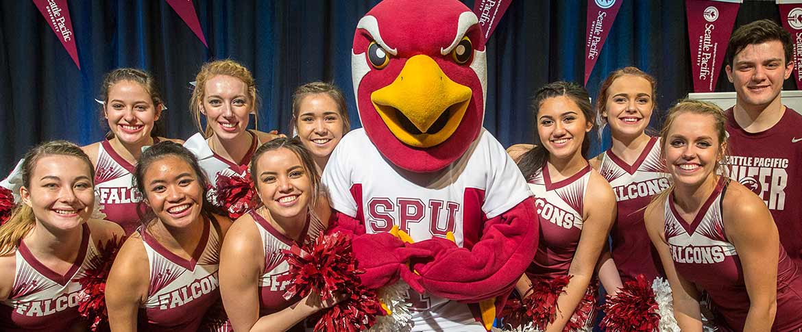 Talon the Falcon surrounded by SPU's cheer squad