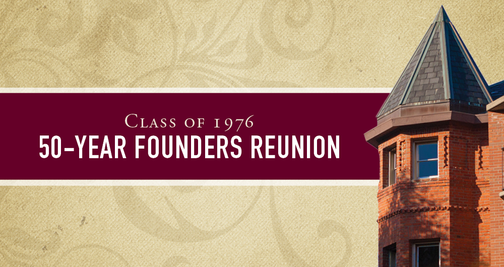 An illustration of Alexander and Adelaide Hall, along with the headline for the Class of 1976 50-year Founders Reunion