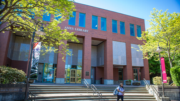 Ames Library in the spring on the Seattle Pacific University campus.