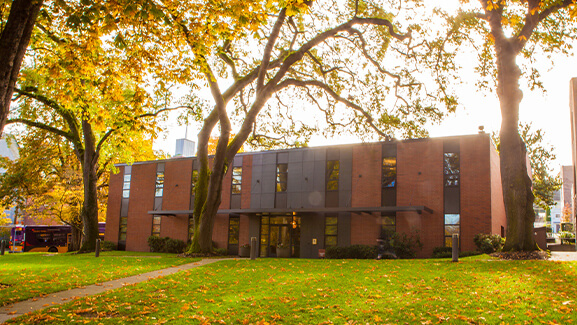 Crawford Music Building on the Seattle Pacific University campus in the fall.