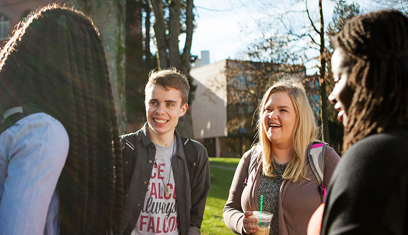 Undergraduate admissions, students talking on campus