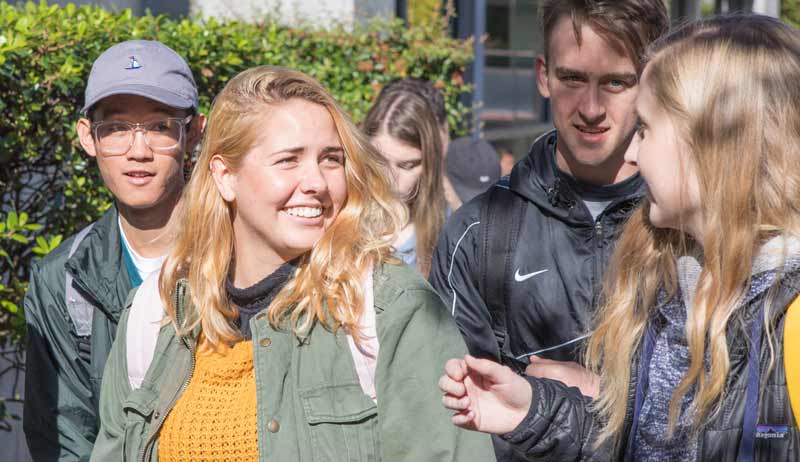 Students outside walking