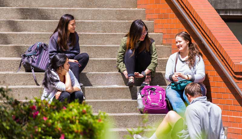Students outside sitting on steps