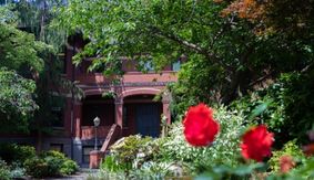 The Peterson Hall stairway entrance in the distance with bright red roses in the foreground.