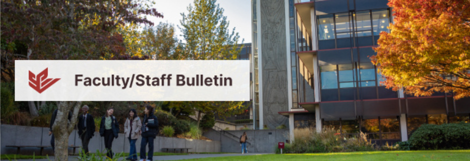 Photo of students walking near Demaray Hall with word mark on left "Faculty/Staff Bulletin"