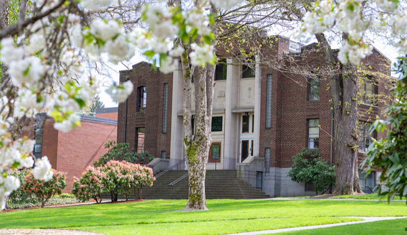 McKinley Hall as seen from across Tiffany Loop in the springtime