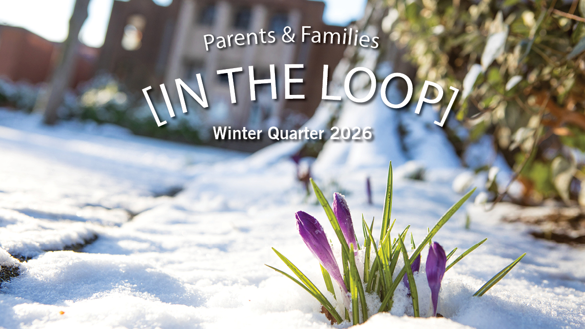 A winter image on the SPU campus, with purple crocuses poking up through soft white snow in Tiffany Loop, with McKinley Hall in the distance.