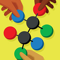An illustration of hands taking a hold of a model of a molecule. The hands each have different skin tones
