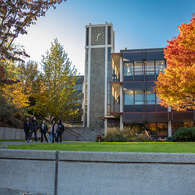 An exterior image of SPU's Demaray Hall in the fall