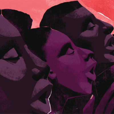 An illustration of black people in profile singing
