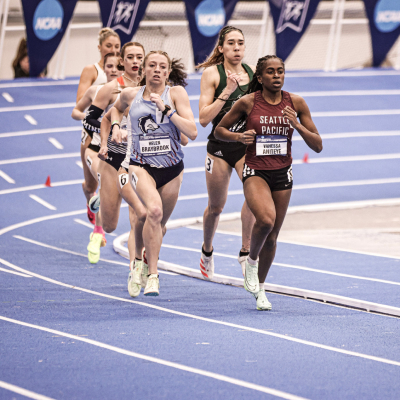 SPU Falcon runner and national champ at the 800 M, Vanessa Aniteye out in front of the pack in this race