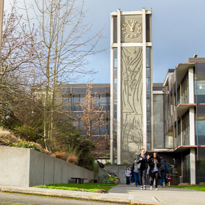 SPU students walking in and out of Demaray Hall on a winter's day