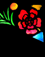 Stained glass, illustrating an red rose, green foliage, and a sun