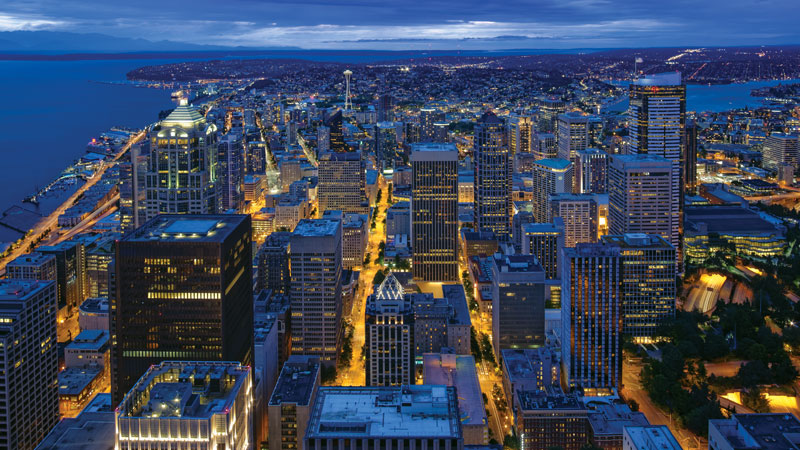 aerial night shot of downtown seattle