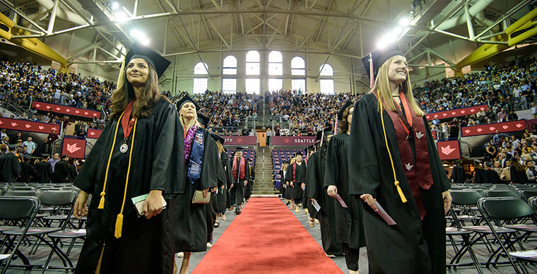 SPU students file in at the 2019 Undergraduate Commencement ceremony - photo by John Crozier